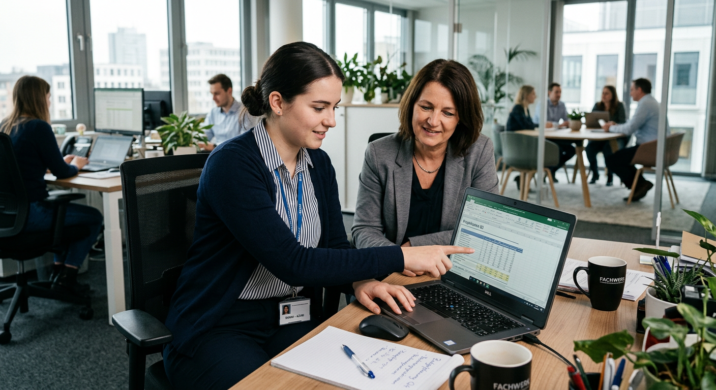 Industriekaufmann-Auszubildende arbeitet gemeinsam mit einer Kollegin an einer Auswertung im Büro – Berufsbild für Personalfachkaufmann/-frau IHK.