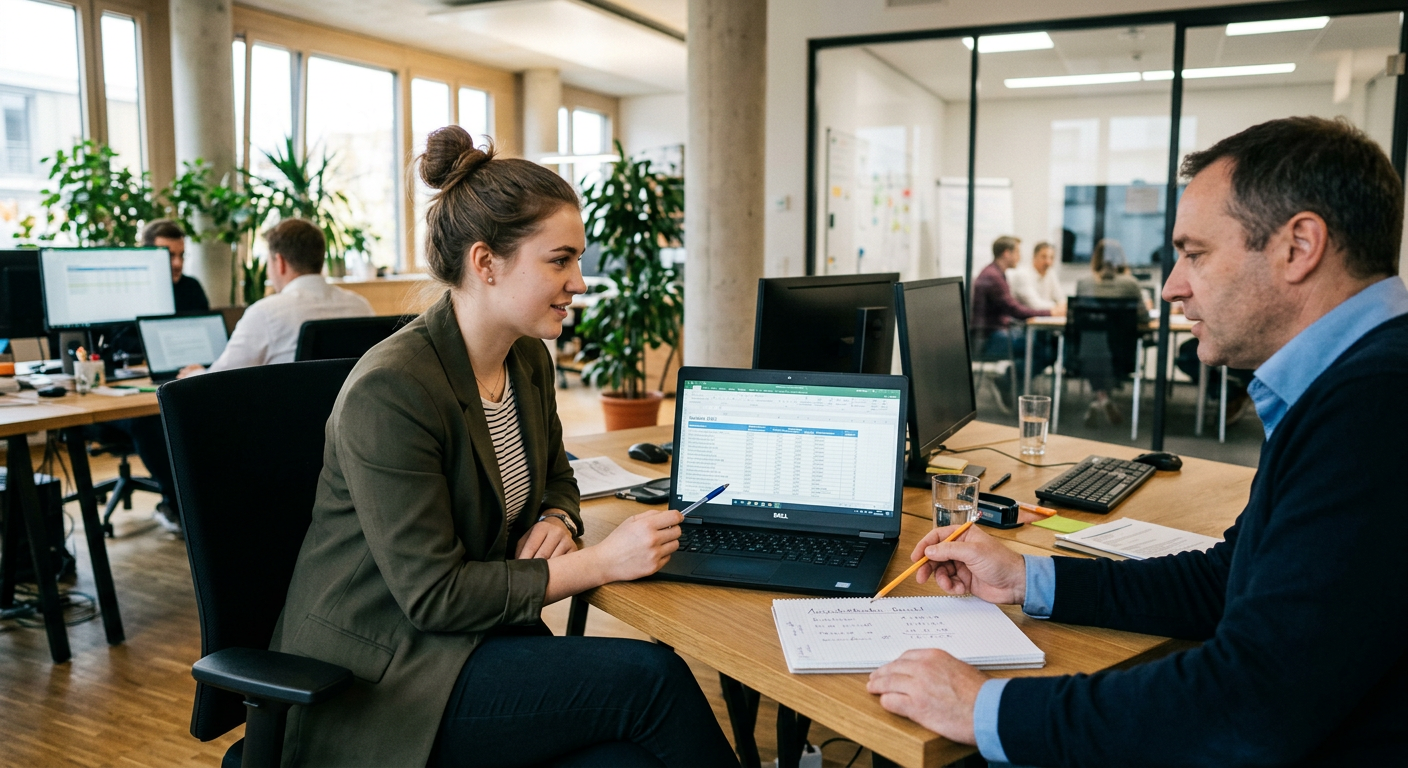 Industriekaufmann-Auszubildende arbeitet gemeinsam mit einer Kollegin an einer Auswertung im Büro – Berufsbild für Industriekaufmann/-frau – IHK Prüfungsvorbereitung.