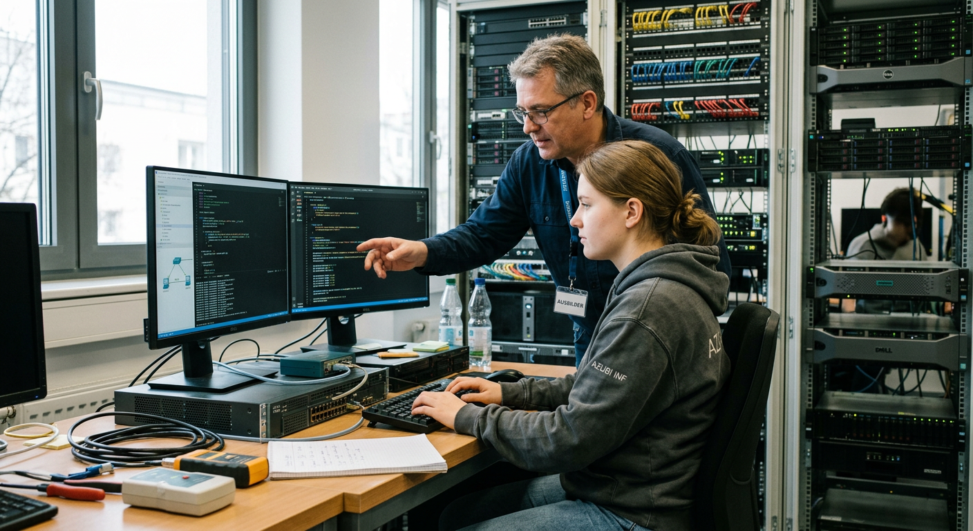 Fachinformatik-Auszubildende konfiguriert Netzwerktechnik im Serverraum – Berufsbild für Fachinformatiker – Anwendungsentwicklung.