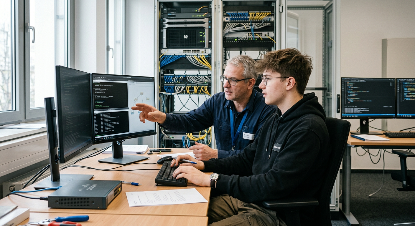 Fachinformatik-Auszubildende konfiguriert Netzwerktechnik im Serverraum – Berufsbild für Fachinformatiker – Systemintegration.