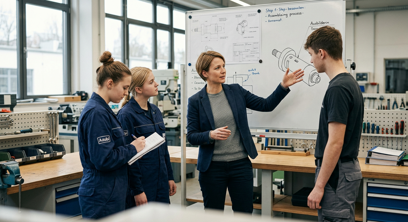 Ausbilderin unterrichtet Auszubildende in einer modernen Ausbildungswerkstatt – Berufsbild für AEVO – Ausbildereignungsprüfung.