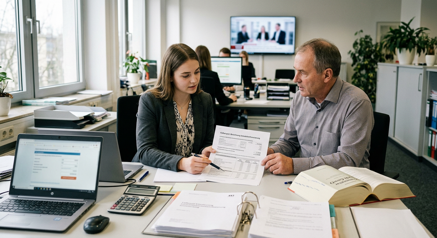 Auszubildende (Immobiliardarlehensvermittler §34i – Prüfungsvorbereitung) arbeitet an einem realistischen Arbeitsplatz – Berufsbild für Immobiliardarlehensvermittler §34i – Prüfungsvorbereitung.